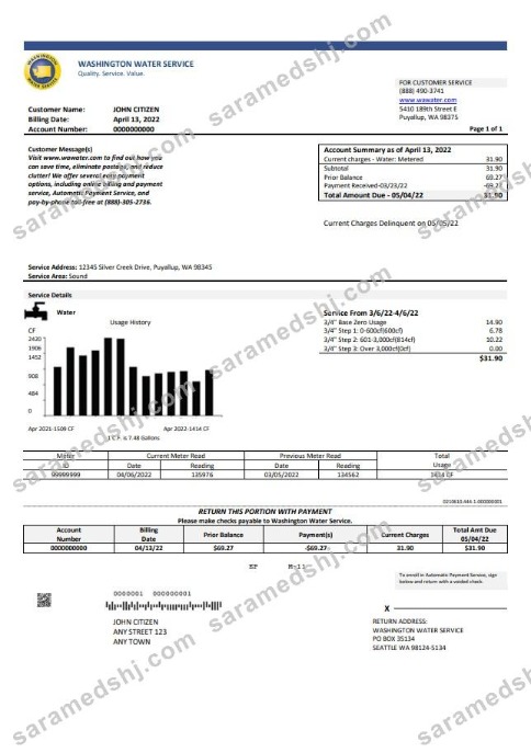 USA Washington Water Service utility bill template in Word and PDF format